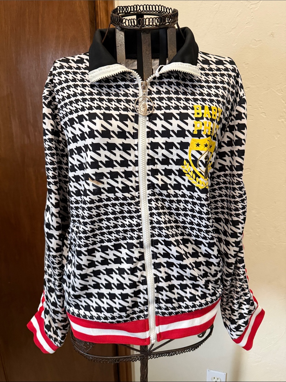 Baby Phat y2k Black & White Houndstooth Jacket with Yellow Crest and Red Trim